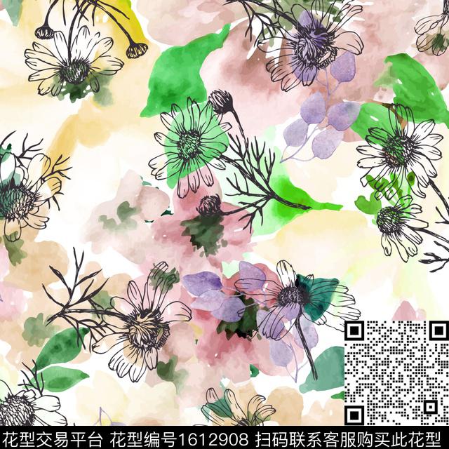 花卉水彩花卉线条花卉数码印花华亿平台下载（图片编号: 1612908） - 瓦栏（Walan）
