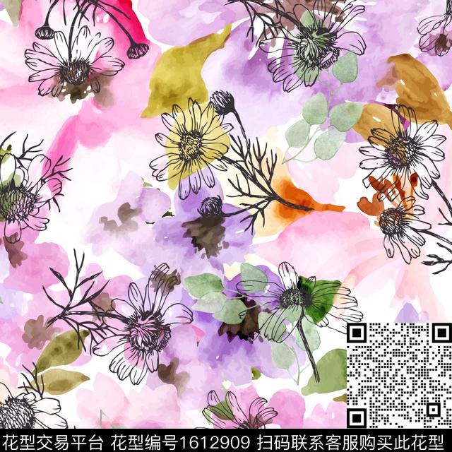 休闲水彩花卉线条花卉数码印花华亿平台下载（图片编号: 1612909） - 瓦栏（Walan）