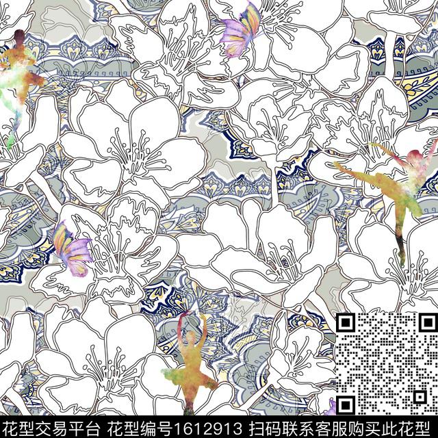 趣味民族风花卉蝴蝶数码印花华亿平台下载（图片编号: 1612913） - 瓦栏（Walan）