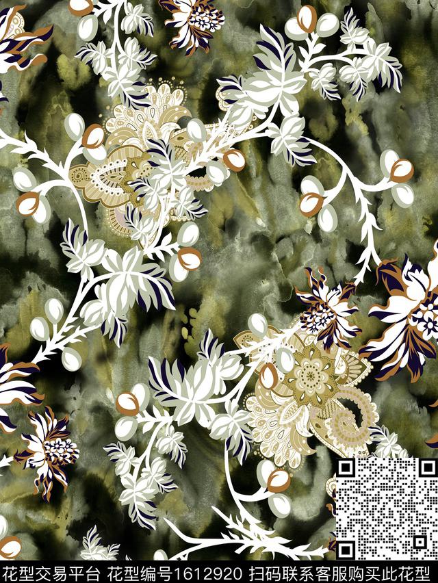 花卉水彩底纹佩斯利数码印花华亿平台下载（图片编号: 1612920） - 瓦栏（Walan）