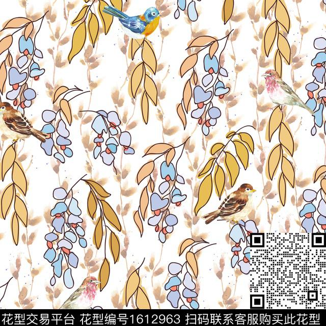 叶子水彩花卉数码印花华亿平台下载（图片编号: 1612963） - 瓦栏（Walan）