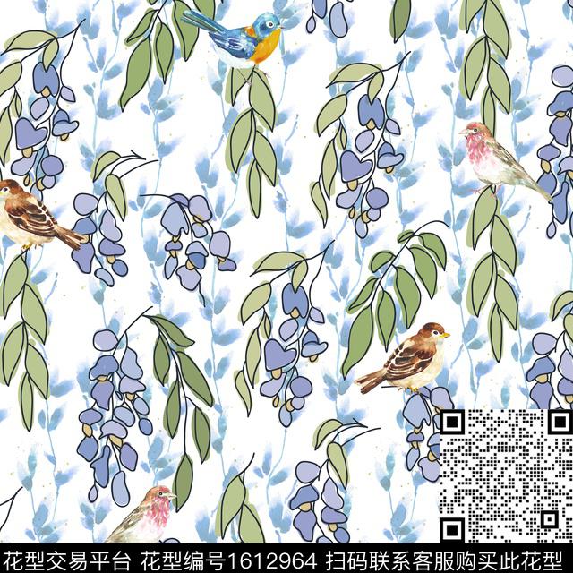 小碎花水彩花卉鸟数码印花华亿平台下载（图片编号: 1612964） - 瓦栏（Walan）