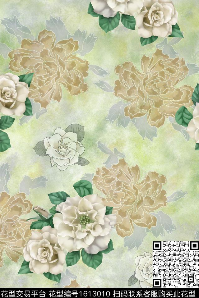 晕染肌理牡丹中国风数码印花华亿平台下载（图片编号: 1613010） - 瓦栏（Walan）
