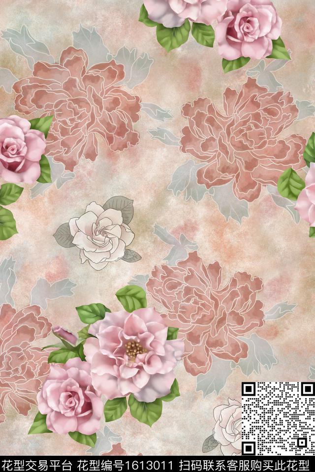 晕染肌理牡丹花卉数码印花华亿平台下载（图片编号: 1613011） - 瓦栏（Walan）