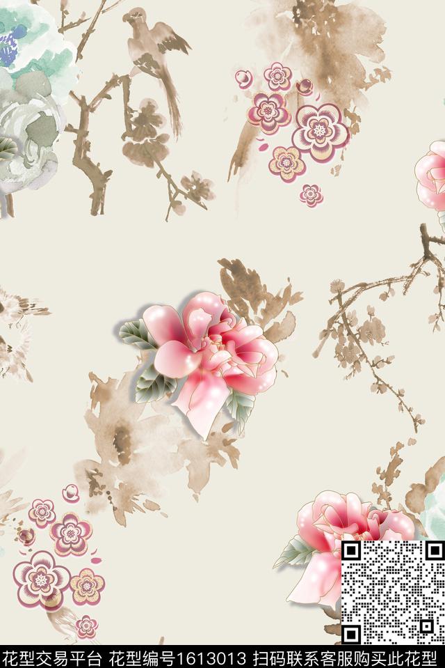 花卉中国风鸟数码印花华亿平台下载（图片编号: 1613013） - 瓦栏（Walan）