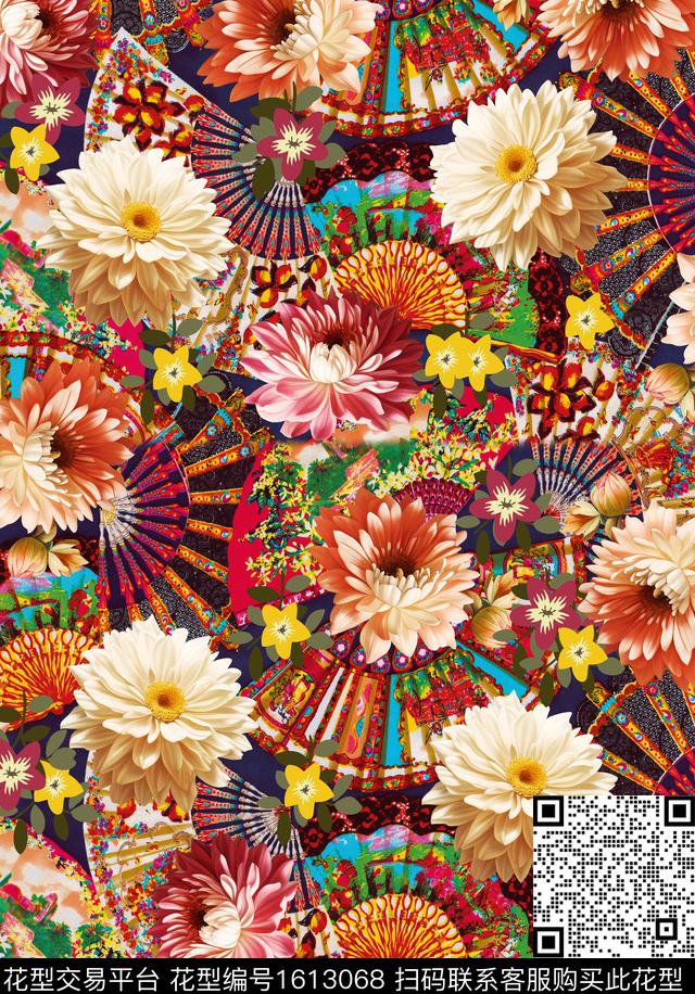民族风花卉手绘扇子数码印花华亿平台下载（图片编号: 1613068） - 瓦栏（Walan）
