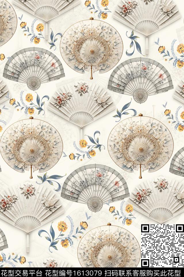 中国风花卉扇子数码印花华亿平台下载（图片编号: 1613079） - 瓦栏（Walan）