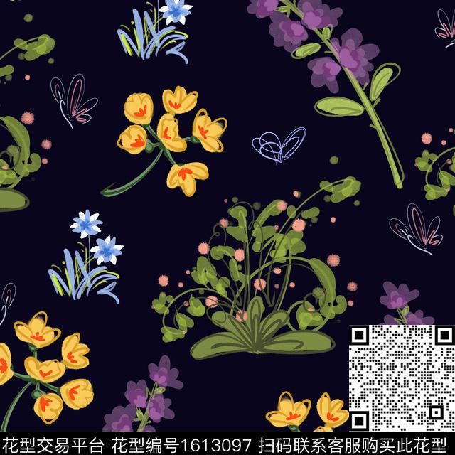 花卉黑底花卉水彩花卉数码印花华亿平台下载（图片编号: 1613097） - 瓦栏（Walan）