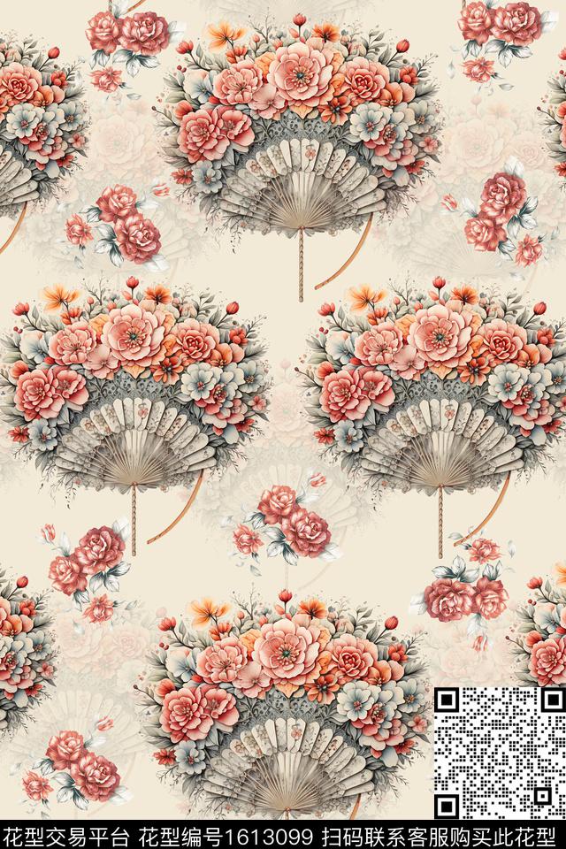 花卉扇子满版散花数码印花华亿平台下载（图片编号: 1613099） - 瓦栏（Walan）