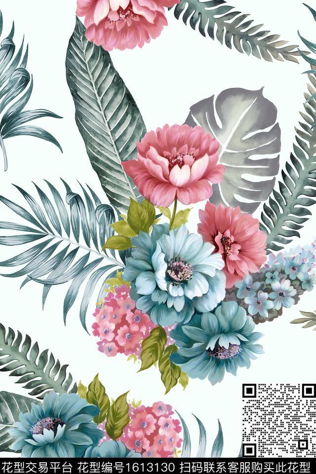 花卉大花棕榈树数码印花华亿平台下载（图片编号: 1613130） - 瓦栏（Walan）