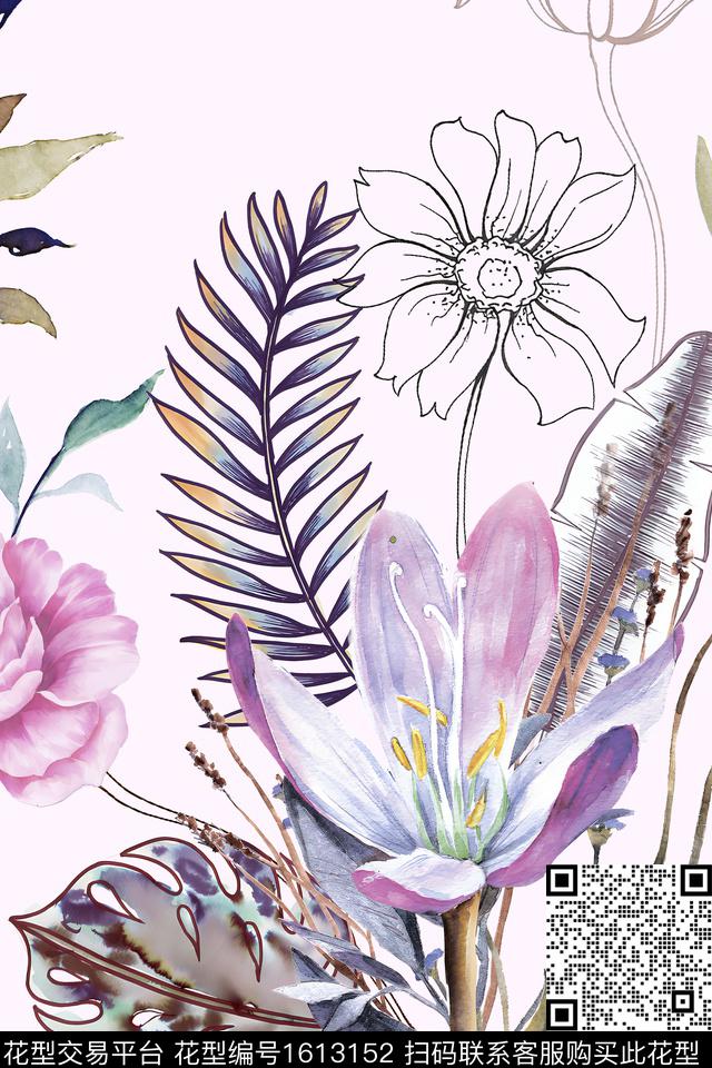 花卉大花线条花卉数码印花华亿平台下载（图片编号: 1613152） - 瓦栏（Walan）