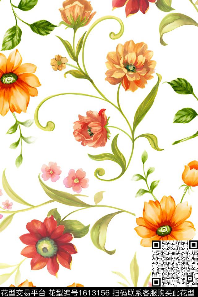 花卉水彩花卉清爽底花卉数码印花华亿平台下载（图片编号: 1613156） - 瓦栏（Walan）