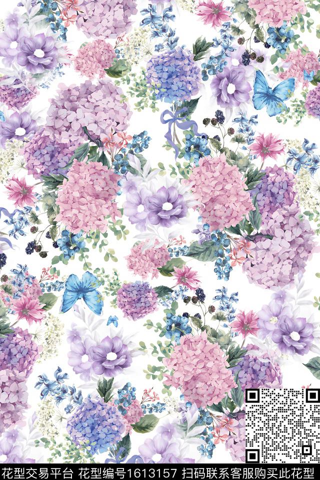 花卉水彩绣球花数码印花华亿平台下载（图片编号: 1613157） - 瓦栏（Walan）