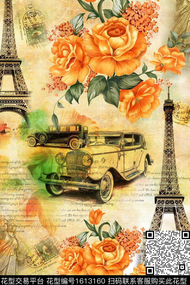 复古铁塔车数码印花华亿平台下载（图片编号: 1613160） - 瓦栏（Walan）