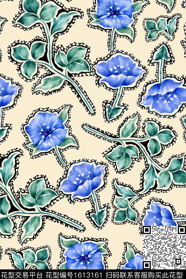 花卉水彩花卉描边数码印花华亿平台下载（图片编号: 1613161） - 瓦栏（Walan）