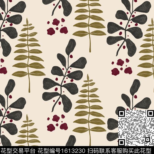 水彩绿植树叶数码印花华亿平台下载（图片编号: 1613230） - 瓦栏（Walan）