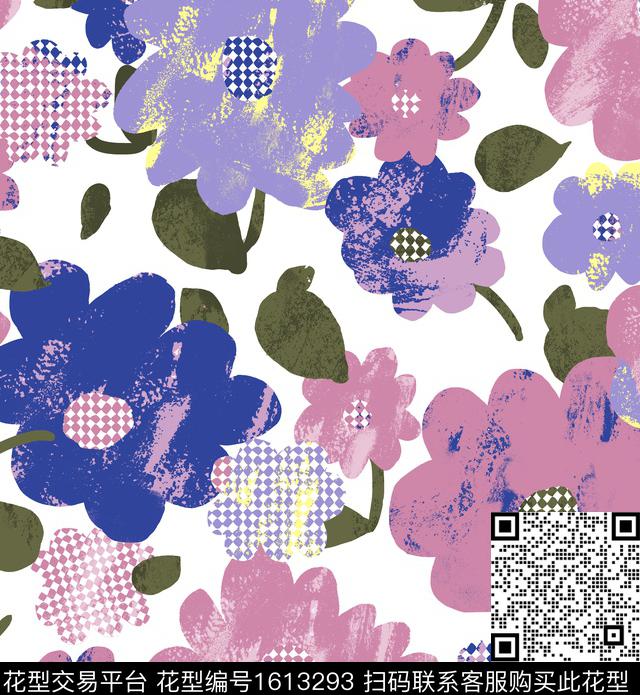 格子暗纹手绘花卉肌理传统印花华亿平台下载（图片编号: 1613293） - 瓦栏（Walan）