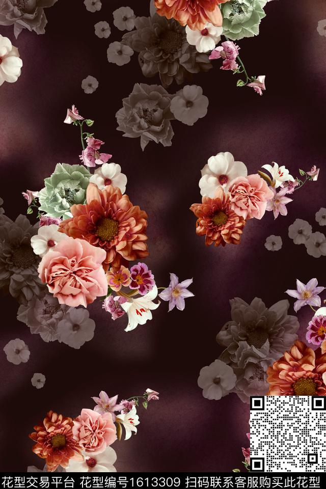 影花大花花卉数码印花华亿平台下载（图片编号: 1613309） - 瓦栏（Walan）