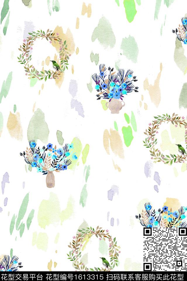 花卉花环鸟数码印花华亿平台下载（图片编号: 1613315） - 瓦栏（Walan）