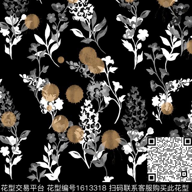 花卉黑底花卉波点数码印花华亿平台下载（图片编号: 1613318） - 瓦栏（Walan）