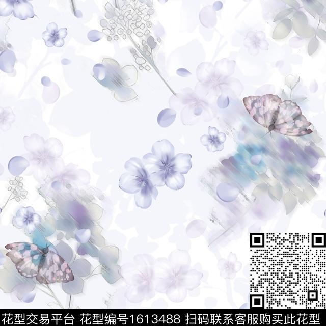 晕染肌理朦胧花卉花卉蝴蝶数码印花华亿平台下载（图片编号: 1613488） - 瓦栏（Walan）