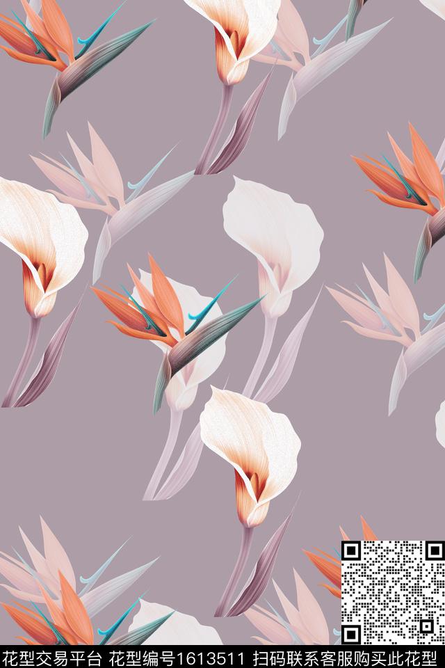 花卉天堂鸟清爽底花卉数码印花华亿平台下载（图片编号: 1613511） - 瓦栏（Walan）