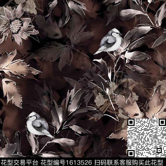 晕染肌理水墨风花鸟数码印花华亿平台下载（图片编号: 1613526） - 瓦栏（Walan）