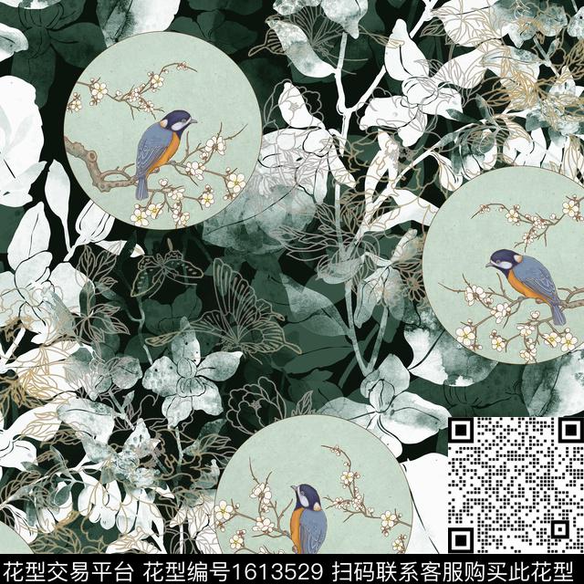 水墨风线条花卉工笔花鸟数码印花华亿平台下载（图片编号: 1613529） - 瓦栏（Walan）