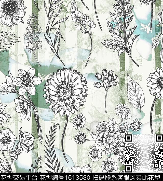植物水彩花卉线条花卉数码印花华亿平台下载（图片编号: 1613530） - 瓦栏（Walan）
