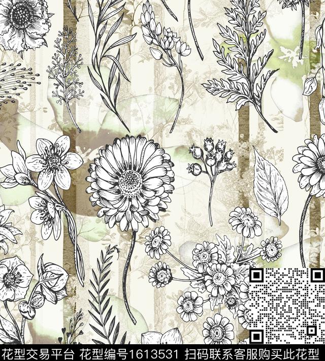 花卉条纹影花数码印花华亿平台下载（图片编号: 1613531） - 瓦栏（Walan）
