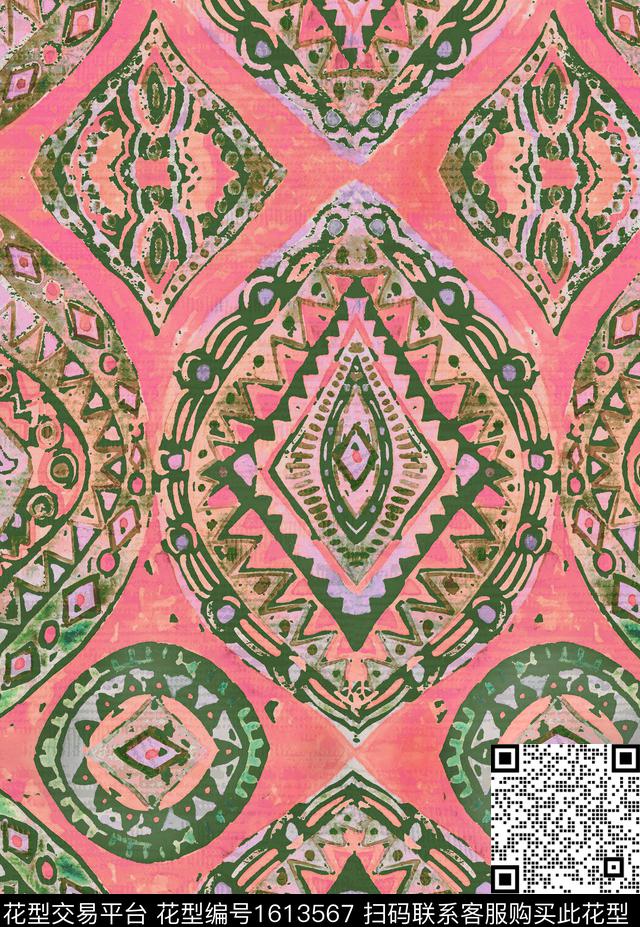 民族风水彩传统纹样数码印花华亿平台下载（图片编号: 1613567） - 瓦栏（Walan）