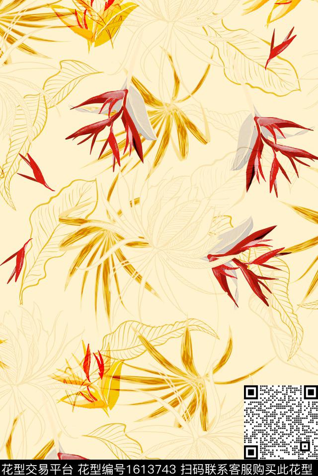 花卉线条花卉绿植树叶数码印花华亿平台下载（图片编号: 1613743） - 瓦栏（Walan）