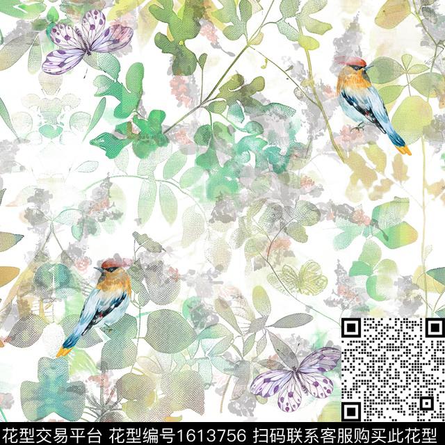 水彩蝴蝶鸟数码印花华亿平台下载（图片编号: 1613756） - 瓦栏（Walan）