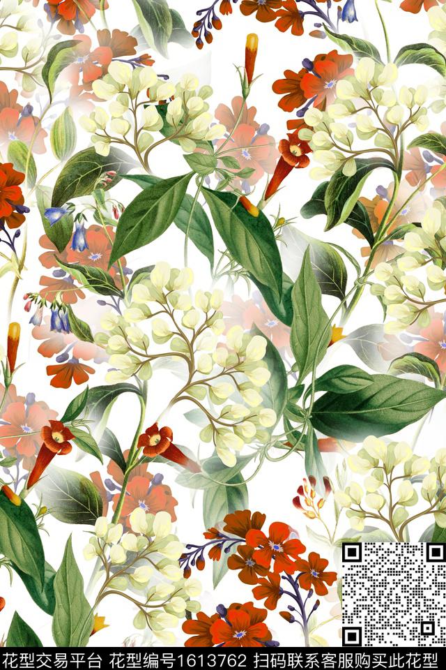 花卉影花绿植树叶数码印花华亿平台下载（图片编号: 1613762） - 瓦栏（Walan）