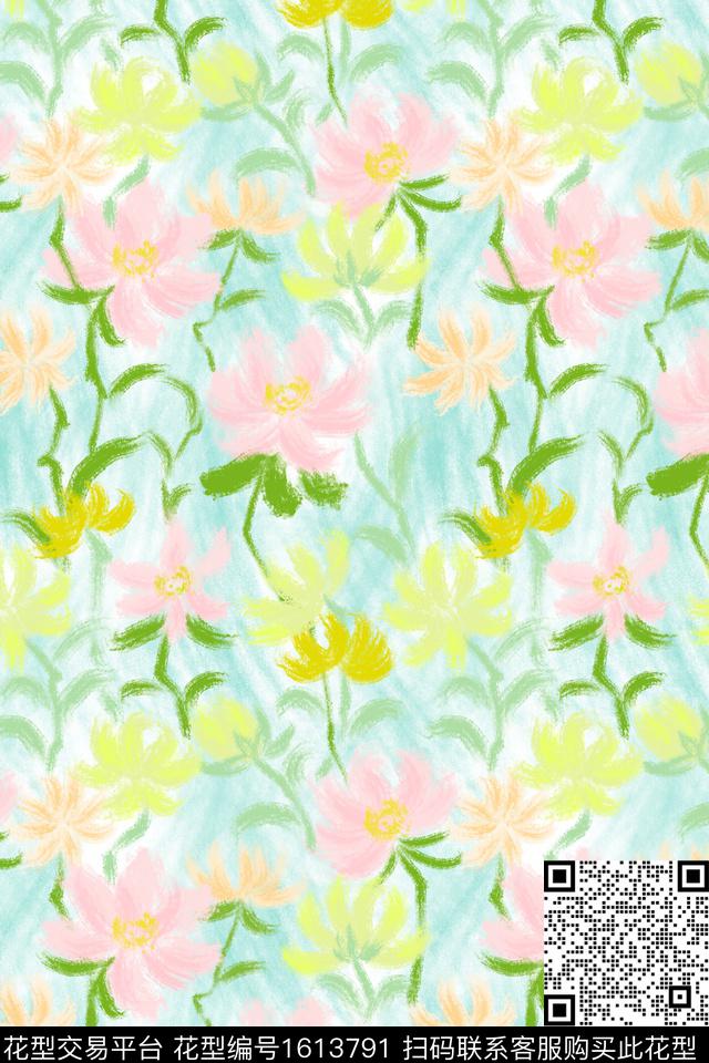 花卉笔触手绘数码印花华亿平台下载（图片编号: 1613791） - 瓦栏（Walan）