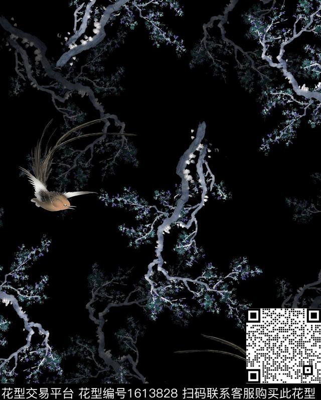 桃花水墨风花鸟数码印花华亿平台下载（图片编号: 1613828） - 瓦栏（Walan）