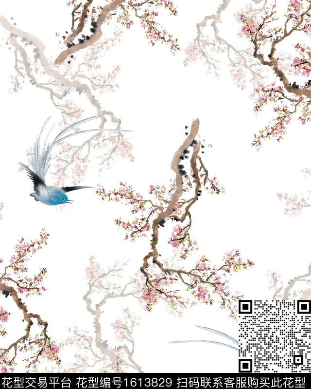 中国风鸟梅花数码印花华亿平台下载（图片编号: 1613829） - 瓦栏（Walan）