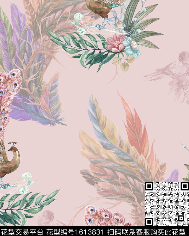 孔雀水彩花卉羽毛数码印花华亿平台下载（图片编号: 1613831） - 瓦栏（Walan）