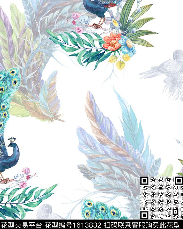孔雀水彩花卉羽毛数码印花华亿平台下载（图片编号: 1613832） - 瓦栏（Walan）