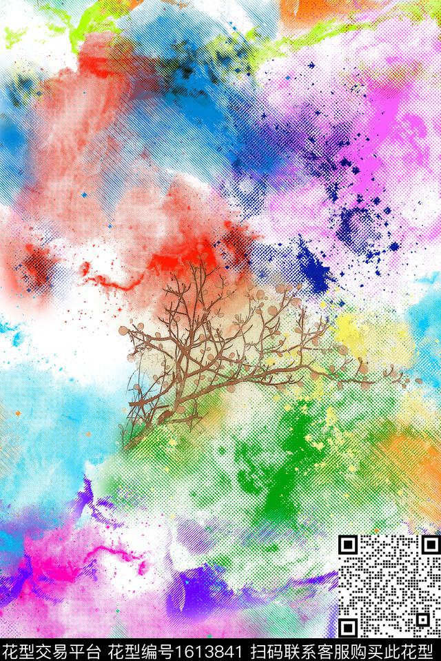 晕染肌理树枝炫彩数码印花华亿平台下载（图片编号: 1613841） - 瓦栏（Walan）