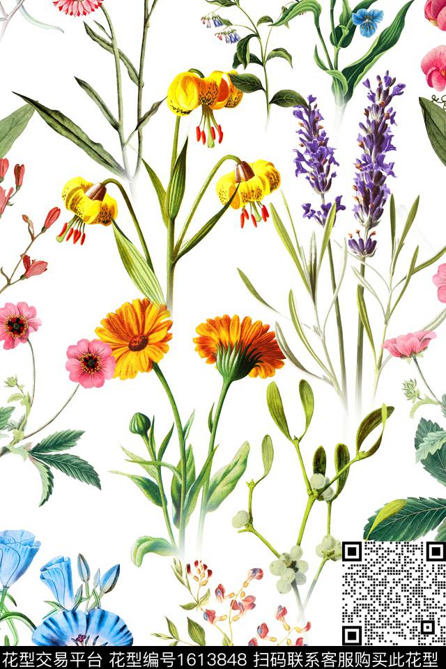 花卉清爽底花卉绿植树叶数码印花华亿平台下载（图片编号: 1613848） - 瓦栏（Walan）
