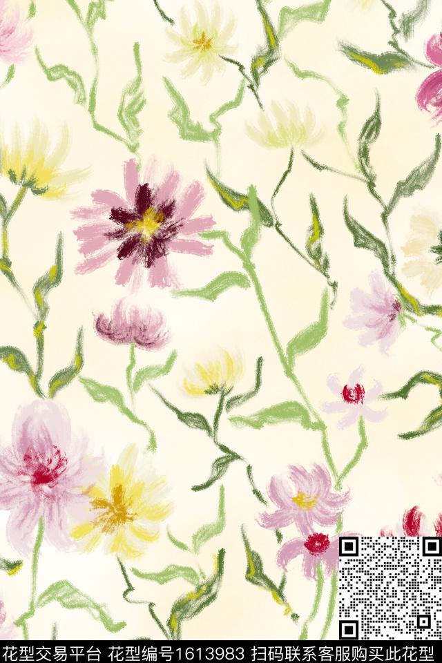 花卉手绘绿植树叶数码印花华亿平台下载（图片编号: 1613983） - 瓦栏（Walan）