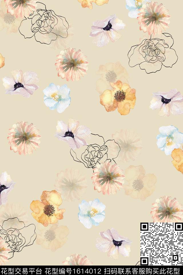 小清新小碎花水彩花卉数码印花华亿平台下载（图片编号: 1614012） - 瓦栏（Walan）