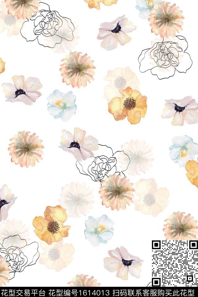 小清新线条花卉花卉数码印花华亿平台下载（图片编号: 1614013） - 瓦栏（Walan）