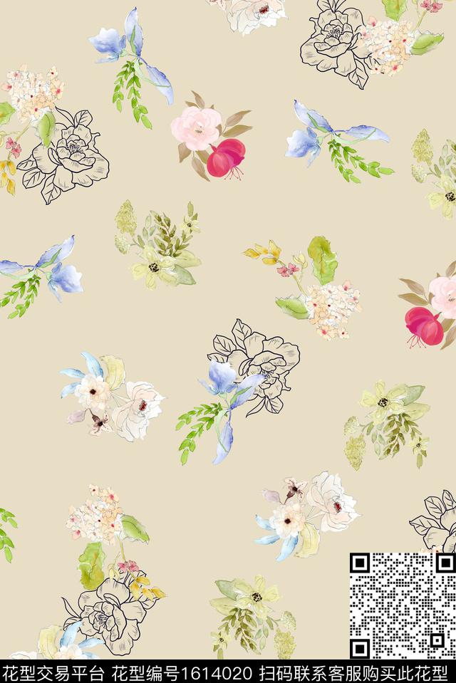 花卉线条花卉清爽底花卉数码印花华亿平台下载（图片编号: 1614020） - 瓦栏（Walan）