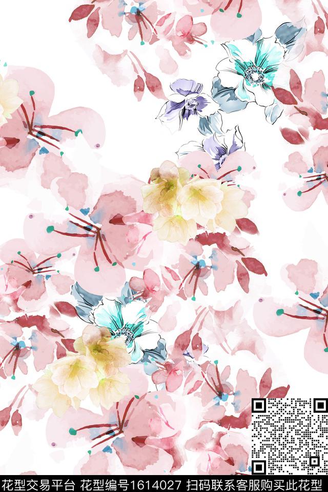 小清新水彩花卉水墨风数码印花华亿平台下载（图片编号: 1614027） - 瓦栏（Walan）