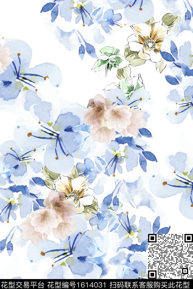 花卉水彩花卉清爽底花卉数码印花华亿平台下载（图片编号: 1614031） - 瓦栏（Walan）