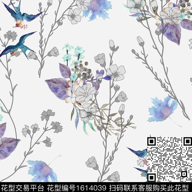 小清新水彩花卉花鸟数码印花华亿平台下载（图片编号: 1614039） - 瓦栏（Walan）