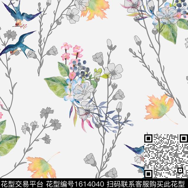 花卉枝条花鸟数码印花华亿平台下载（图片编号: 1614040） - 瓦栏（Walan）