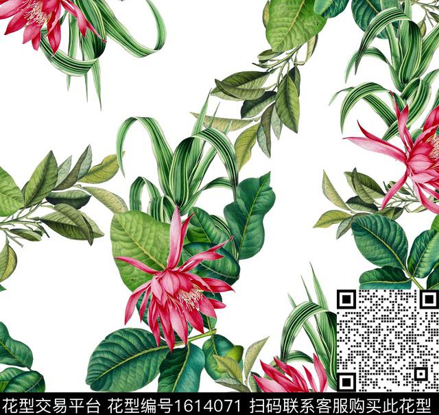 花卉绿植树叶清爽底花卉数码印花华亿平台下载（图片编号: 1614071） - 瓦栏（Walan）
